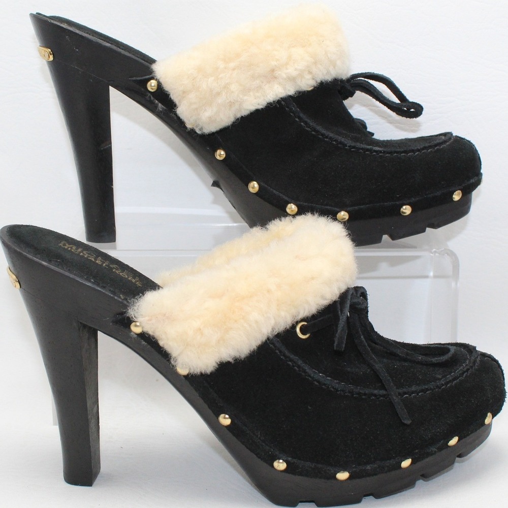 Michael‎ Kors Black Suede Shearling Trim Studded Platform Clogs Heels 8.5M NWOB